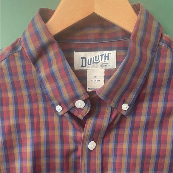 Duluth Trading Co Mens Slim Fit M Red, Blue & Mustard Plaid Shirt Fall - Picture 2 of 8